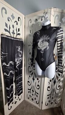 Halfheart 2 Piece Mesh Bodysuit Pants Set M Dragon Snake Gothic Y2K nwot